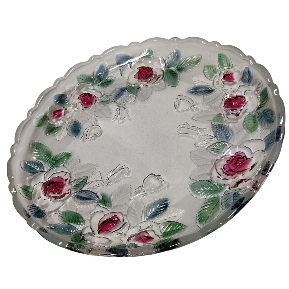 Studio Nova Rose Glass Serving Platter Embossed Floral Tray 14" w Box